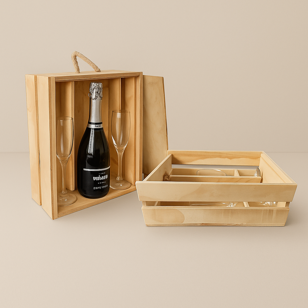 Caja de madera con vino y copas para regalo
